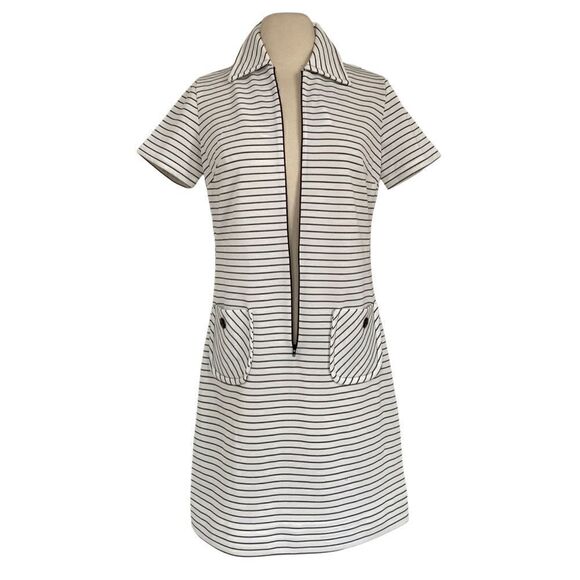 True Vintage Preppy 60s / 70s Front Zip Striped Polo Knit Dress with Pockets - Picture 2 of 10